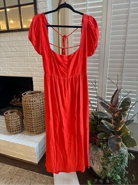 Endless Blu Puff Sleeve Open-Back Midi Dress